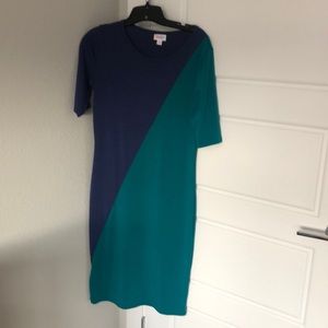 LuLaRoe Julia Dress Medium Blue & Teal Bodycon Fitted